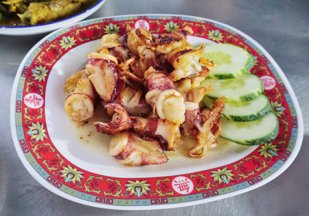 Crisp garlic egged squid or calamari in dish, Seafood menuの写真素材