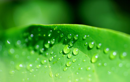 Raindrops on green leaf close up shot, Refesh nature backgroundの写真素材