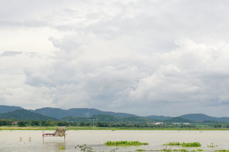 Fishing shed in the lake with nice landscape at Nong Ko reservoirの写真素材
