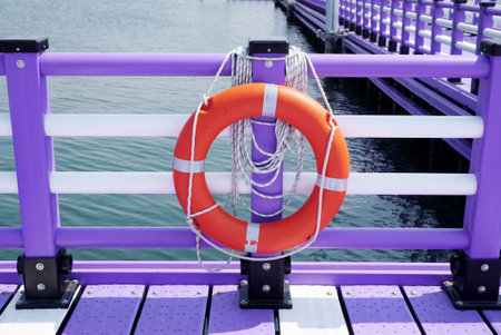 Life buoy at railing of raft, Rescuer item