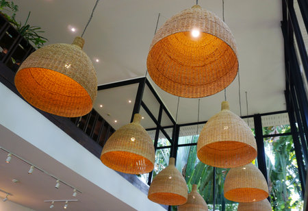 Hanging light bulb with bamboo wicker decorative, Lighting pendantの写真素材