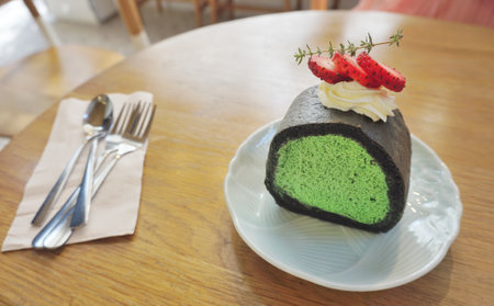 Matcha green tea mousse cake at wooden table with spoon and fork