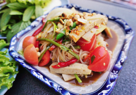 Thai spicy food, Som tum spicy salad with vermicelliの写真素材