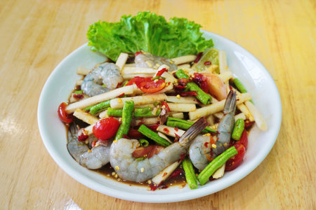 Spicy salad with fresh shrimp, Thai spicy foodの写真素材