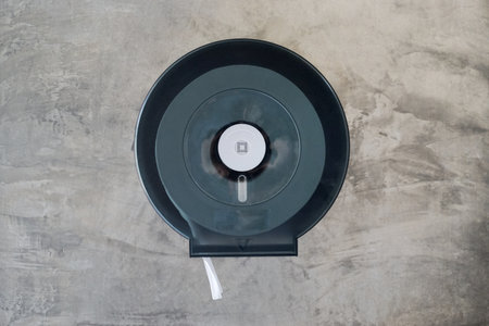 Toilet paper in roll package on wallの写真素材