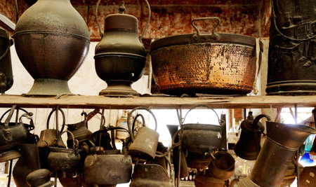 Vintage and old kitchenware on wooden shelfの写真素材