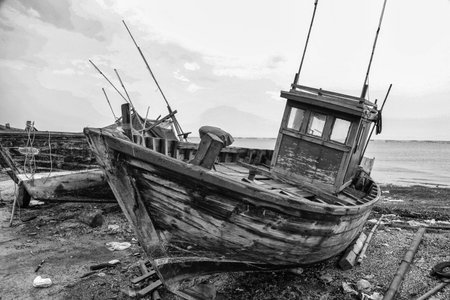 fisherman boats and sunsetの写真素材