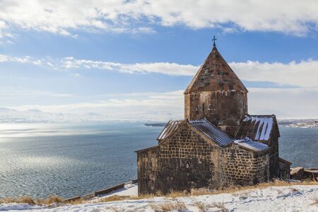 Sevanavank, church on the background of Lake Sevan. Winterの写真素材