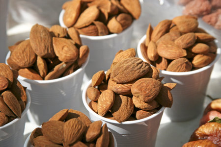 Apricot nuts in cups. A portion.の写真素材