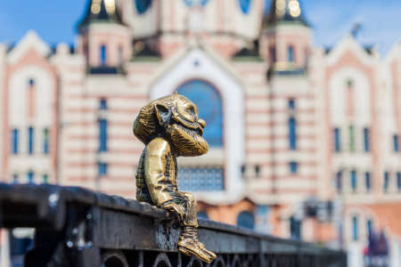 Kaliningrad, Russia - June 8, 2021 - Miniature bronze sculpture of Ded Khomlin (Grandfather Khomlin) on the Honey Bridgeのeditorial素材
