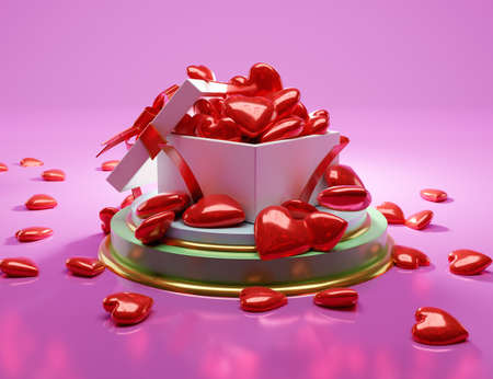 gift box open with red balloon heart flying, 3d illustrationの写真素材