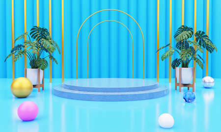 3d round podium, stand on blue background of blue curtain backgroundの写真素材