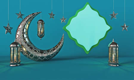 Ramadan Kareem Silver Crescent Moon and Lantern Lightningの写真素材