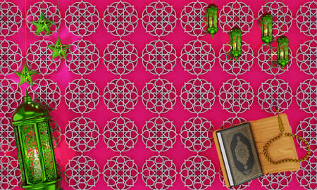 Ramadhan lamp with Islamic rosary beads on pink backgroundの写真素材