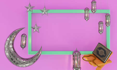 Ramadhan lamp with Islamic rosary beads on pink backgroundの写真素材