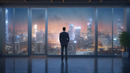 Back view of businessman in suit standing at office looking at night city through panoramic window. Generative AIの素材