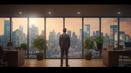 Back view of businessman in suit standing at office looking at night city through panoramic window. Generative AIの素材