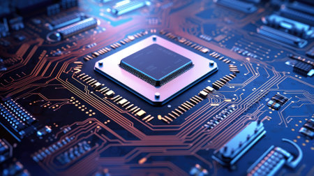Advanced Technology Concept Visualization: Circuit Board CPU Processor Microchip Starting Artificial Intelligence Digitalization of Neural Networking and Cloud Computing. Digital Lines Move Dataの素材