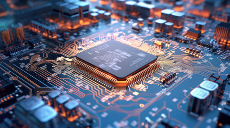 Advanced Technology Concept Visualization: Circuit Board CPU Processor Microchip Starting Artificial Intelligence Digitalization of Neural Networking and Cloud Computing. Digital Lines Move Dataの素材