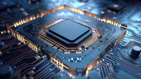 Advanced Technology Concept Visualization: Circuit Board CPU Processor Microchip Starting Artificial Intelligence Digitalization of Neural Networking and Cloud Computing. Digital Lines Move Dataの素材