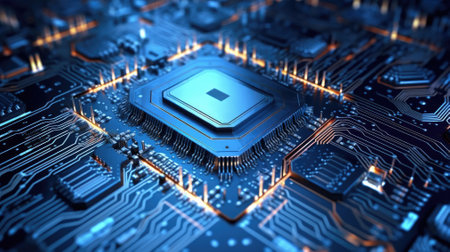 Advanced Technology Concept Visualization: Circuit Board CPU Processor Microchip Starting Artificial Intelligence Digitalization of Neural Networking and Cloud Computing. Digital Lines Move Dataの素材