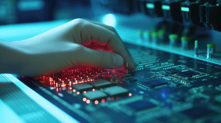 Electronic engineer hand putting computer chip on socket. Chipset on electronic circuit board of PC mother board. CPU chip. Electronic components. Computer hardware. Upgrade computer processor chip.の素材