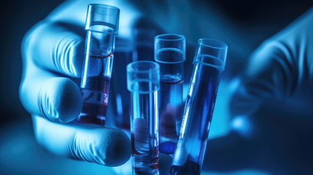 Close-up of glass tube with blue fluid in scientist hand during medical testの素材