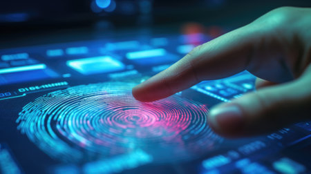 Future security technology. Fingerprint scan provides security access with binary code on deep blue colour background. Fingerprint Security Concept. 3D Render.の素材