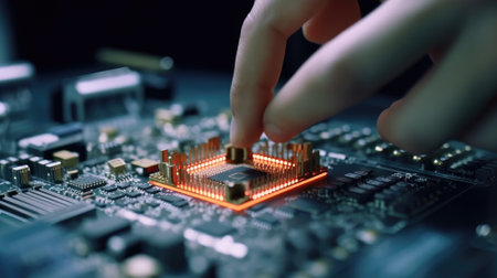 Electronic engineer hand putting computer chip on socket. Chipset on electronic circuit board of PC mother board. CPU chip. Electronic components. Computer hardware. Upgrade computer processor chip.の素材
