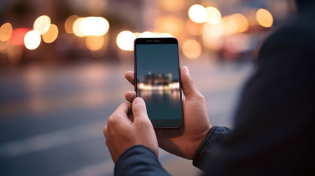 Close up of a man using mobile smart phoneの素材