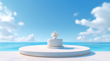 3d podium with copy space for product display presentation on palm beach abstract background. Tropical summer and vacation concept.の素材
