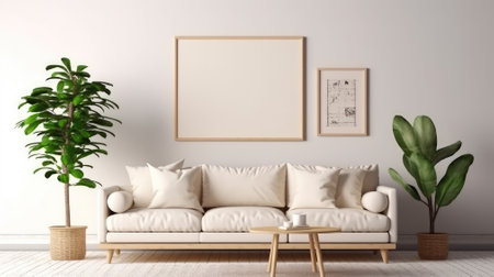mock up poster frame in modern interior background, living room, Scandinavian style, 3D render, 3D illustrationの素材