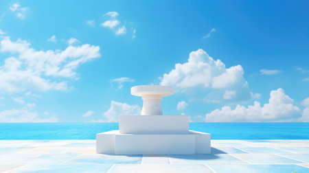 3d podium with copy space for product display presentation on palm beach abstract background. Tropical summer and vacation concept.の素材