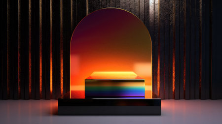 3D Rendering, Abstract of white empty stage, Sci-Fi concept style, blank space for copy and shiny reflection surface, light on red and blue shade colors background.の素材