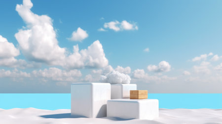 3d podium with copy space for product display presentation on palm beach abstract background. Tropical summer and vacation concept.の素材