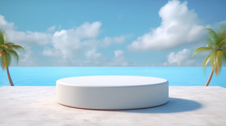 3d podium with copy space for product display presentation on palm beach abstract background. Tropical summer and vacation concept.の素材