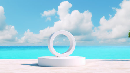 3d podium with copy space for product display presentation on palm beach abstract background. Tropical summer and vacation concept.の素材