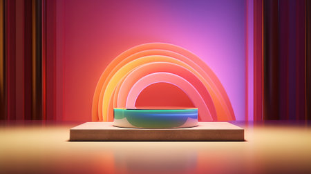 3D Rendering, Abstract of white empty stage, Sci-Fi concept style, blank space for copy and shiny reflection surface, light on red and blue shade colors background.の素材