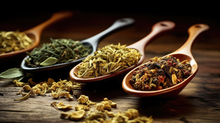 Flat composition with spoons of dried herbal tea leaves on wooden table. Space for textの素材