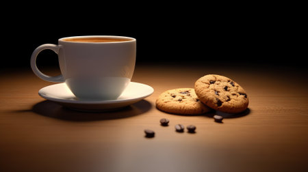Coffee cup, beans, chocolate and macaroons on old kitchen table. Top view with copyspace for your textの素材