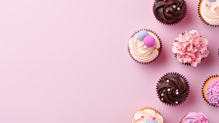 Flat lay composition with cupcakes on light blue background, space for text. Birthday partyの素材