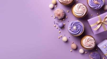 Flat lay composition with cupcakes on light blue background, space for text. Birthday partyの素材