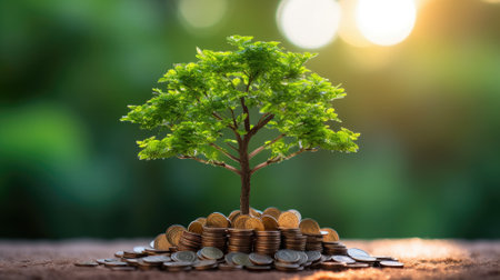 Hand holding money and trees growing on money investment financial growth concept. Planting a tree on a pile of money, including hand woman holding a coin to a tree on the coin, money saving concept.の素材