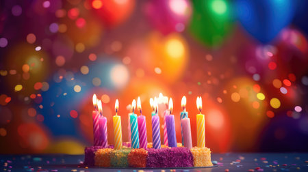 Birthday Cake On Colorful Balloon Background With Other Birthday Decoration. Focus is on cake.の素材