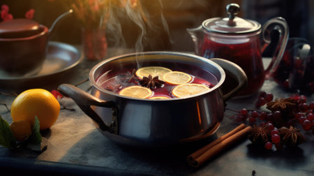 hot mulled wine cooked in two saucepan with spices, orange and cranberries on the table with Christmas fir twigs on a dark backgroundの素材