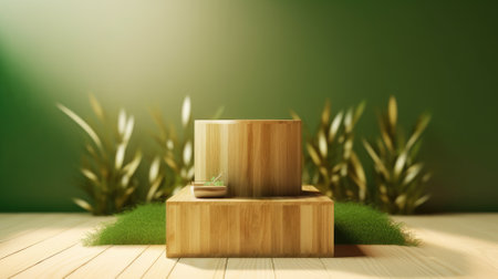 3D realistic empty wood top of white podium pedestal stand with grass foreground and backdrop lighting and window shadow on green background. You can use for product presentation, beauty spa cosmeticの素材