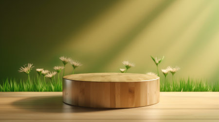 3D realistic empty wood top of white podium pedestal stand with grass foreground and backdrop lighting and window shadow on green background. You can use for product presentation, beauty spa cosmeticの素材