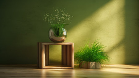 3D realistic empty wood top of white podium pedestal stand with grass foreground and backdrop lighting and window shadow on green background. You can use for product presentation, beauty spa cosmeticの素材