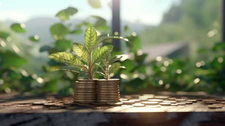 Planting a tree on a pile of money, including the hand of a woman holding a coin to a tree on the coin, money saving ideas and investing in the future.の素材