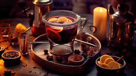 hot mulled wine cooked in two saucepan with spices, orange and cranberries on the table with Christmas fir twigs on a dark backgroundの素材